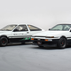 Front-quarter image of the AE86 EV and H2 concepts side by side.